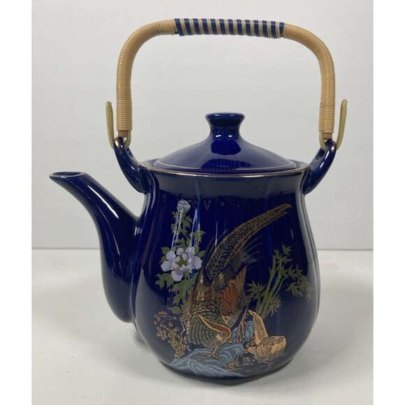 Blue Ceramic Gold Peacock Japanese Teapot - Vintage - EUC - Picture 1 of 5
